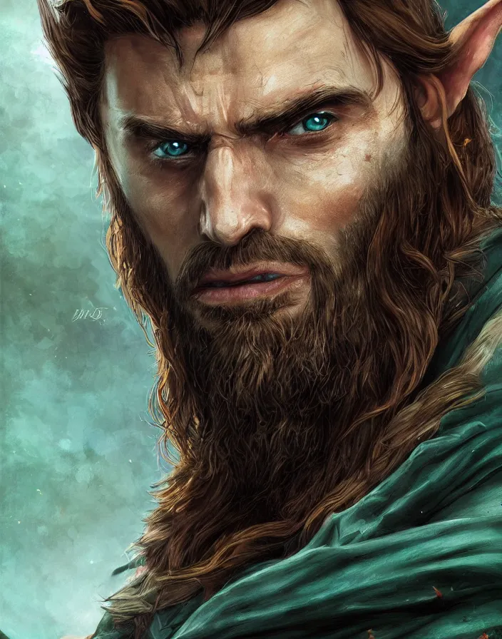 Image similar to An epic fantastic realism comic book style portrait painting of an arrogant half elf ranger with shaggy brown hair, scruffy beard, scar on face, teal tunic, D&D Concept Art, unreal 5, DAZ, trending on deviantart hyperrealistic, octane render, cosplay, RPG portrait, dynamic lighting