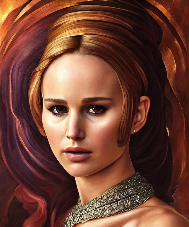 Image similar to half nathalie portman half Jennifer lawrence a fantasy magic woman portrait by Sandro Botticelli, oil painting masterpiece, sci-fi, amber eyes, face, long hair, fantasy, intricate, elegant, highly detailed, digital painting, artstation, concept art, smooth, sharp focus, illustration, art by artgerm and greg rutkowski and alphonse mucha