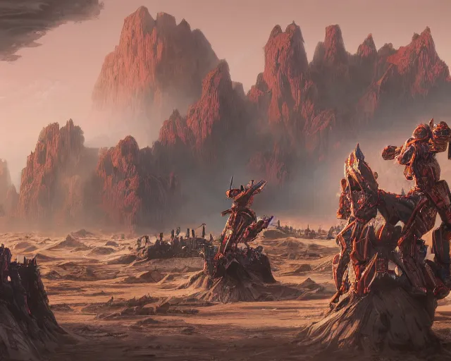 Image similar to landscape beautiful detailed 3 d painting of cinematic movie scene, voltes v build up in sahara dessert. action sequence, created by gustave dore and greg rutkowski, high detailed, smooth draw, synthwave neon retrofuturism, intricate, realistic proportions, dramatic lighting, trending on artstation.