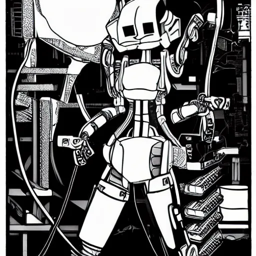 Prompt: pile of cables and machines glados wearing a japanese mask fucked up heavy stylish contrast