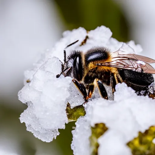 Image similar to a bee finding a beautiful flower, entrapped in ice, only snow in the background, beautiful macro photography, ambient light