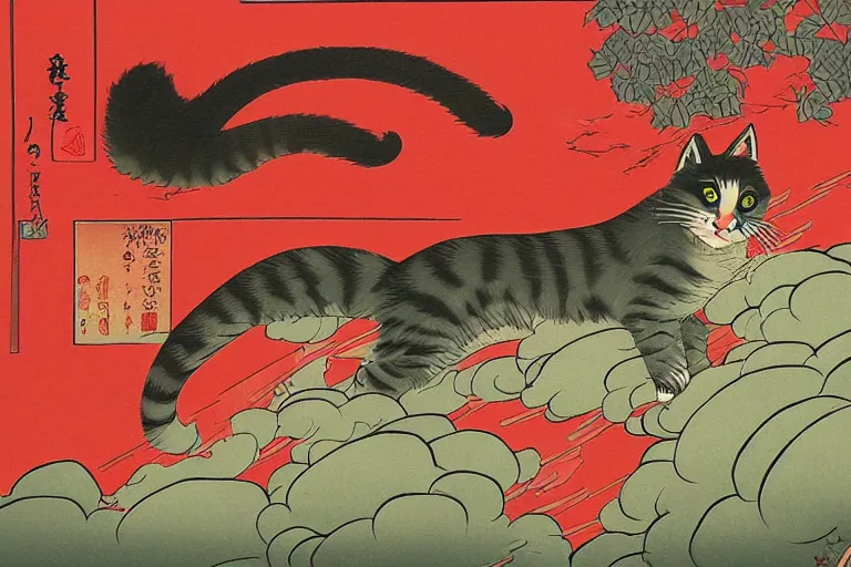 Image similar to cat in rain attacking Tokyo, ukiyo-e print, masterpiece, masterwork, artstation