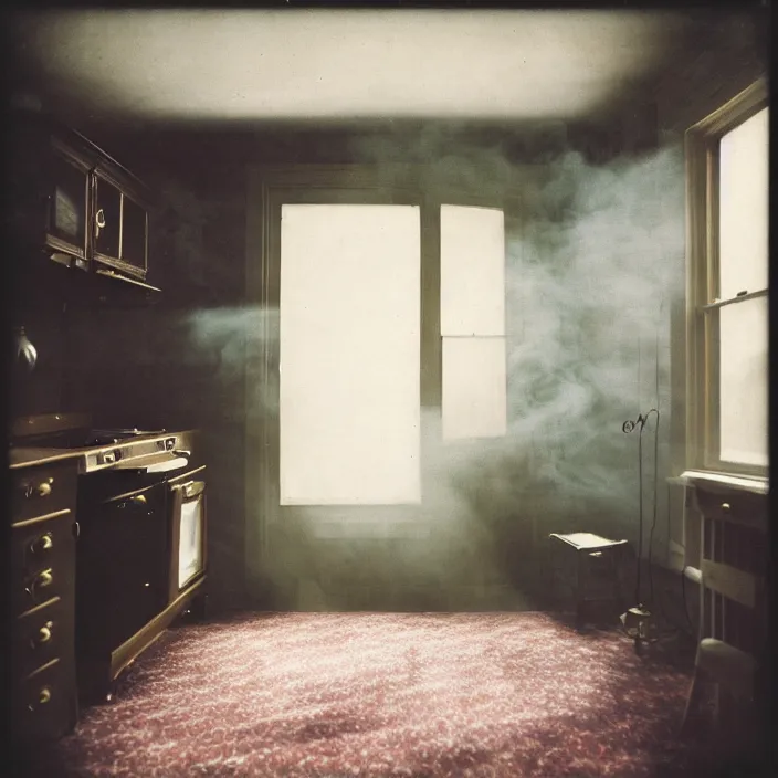 Prompt: kodak portra 4 0 0, wetplate, fisheye, award - winning portrait by britt marling, 1 9 2 0 s kitchen, ghost, picture frames, shining lamps, dust, smoke, 1 9 2 0 s furniture, wallpaper, carpet, books, muted colours, wood, fog,