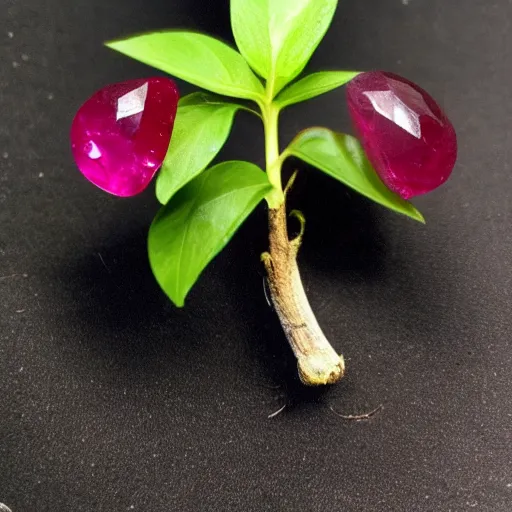 Prompt: a plant with a polished cut ruby gemstone growing from it