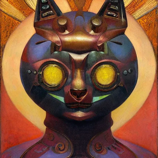 Image similar to painting of a bejeweled robot cat head, by annie swynnerton and diego rivera and nicholas roerich and jean delville, symbolist, dramatic lighting, god rays, elaborate geometric ornament, art brut, rich colors, smooth, sharp focus, extremely detailed, adolf wolfli and ( donato giancola )