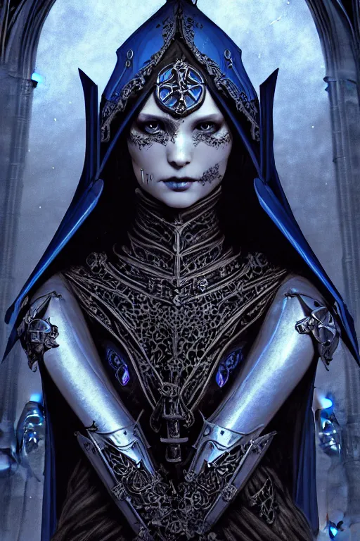 Image similar to beautiful luxury and gothic and victorian and evil medieval female blue armor knight portrait+smoky eyes+light flowing hair, in ruin gothic cathedral, ultradetail face, art and illustration by tian zi and craig mullins and WLOP and alphonse mucha, fantasy, intricate complexity, human structure, fantasy world concept, watermark, blurry, hyperrealism 8k