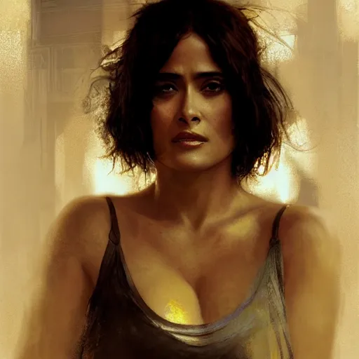 Image similar to salma hayek, hyperrealistic portrait, bladerunner street, art of elysium by jeremy mann and alphonse mucha, fantasy art, photo realistic, dynamic lighting, artstation, poster, volumetric lighting, very detailed face, 4 k, award winning