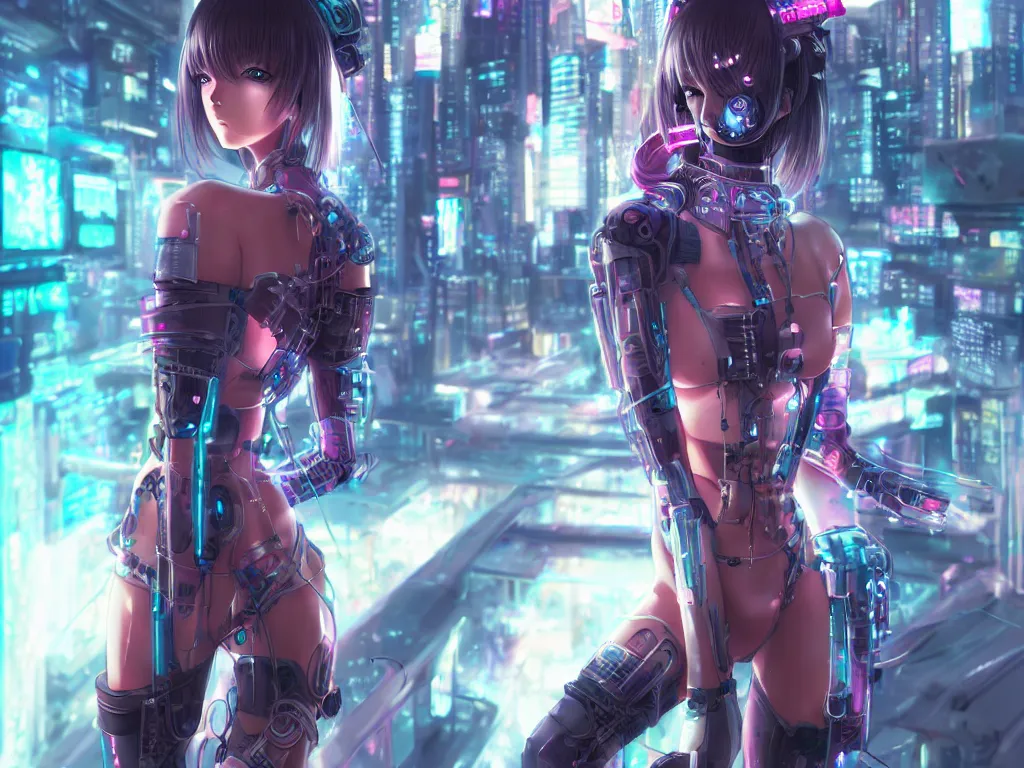 Prompt: anime visual of portrait futuristic cyber warrior girl, in future cyberpunk tokyo rooftop, ssci - fi, fantasy, intricate, very very beautiful, elegant, neon light, highly detailed, digital painting, artstation, concept art, smooth, sharp focus, illustration, art by wlop and tian zi and artgerm