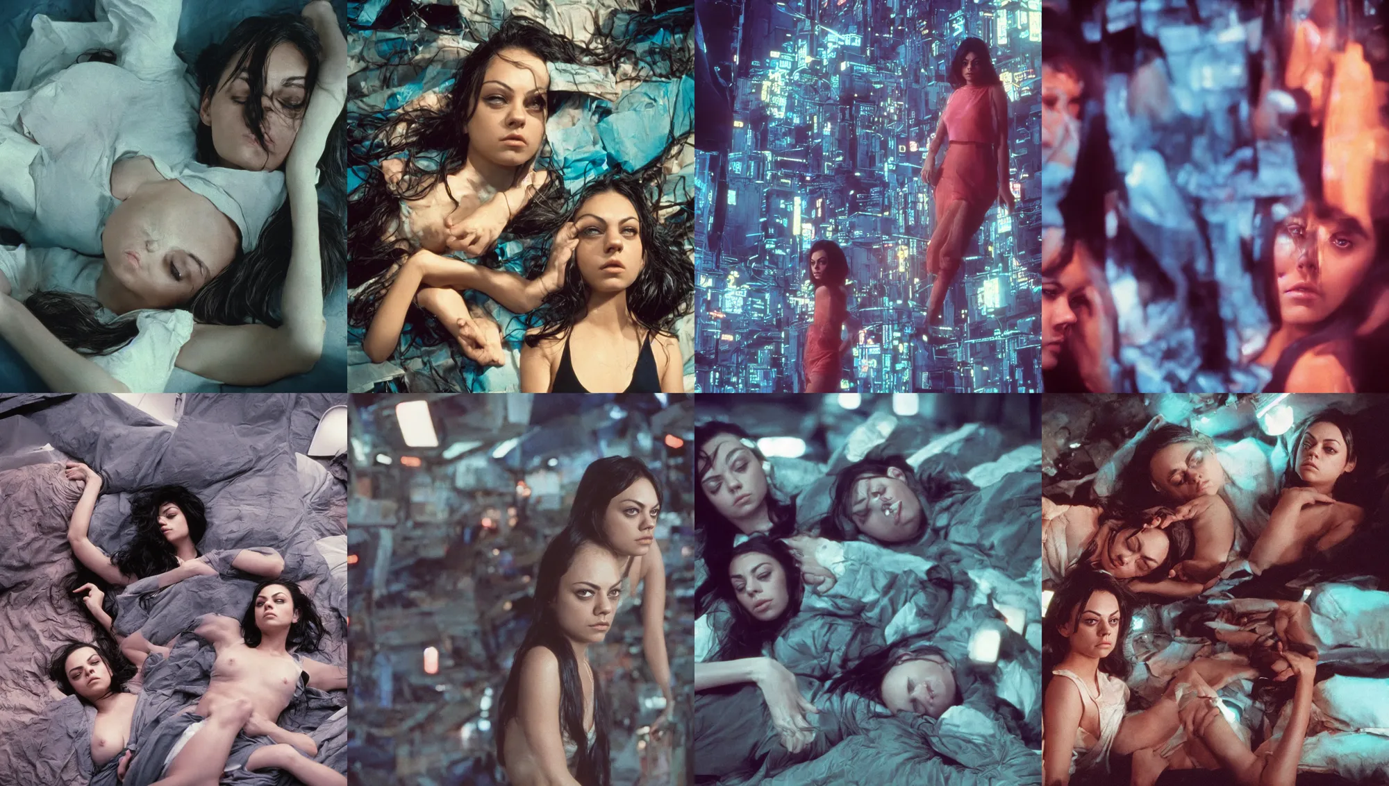 Image similar to sleepy mila kunis, 1 9 7 0 s scifi, cinestill 8 0 0 t 2 0 0 mm, high quality, heavy grain, neon, cyberpunk, shadowrun, high detail, panoramic, cinematic composition, dramatic light, ultra wide lens, anamorphic