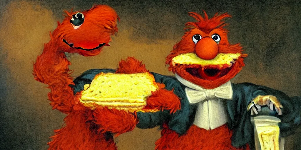 Prompt: elmo in the victorian era holding a cheese toastie renaissance painting