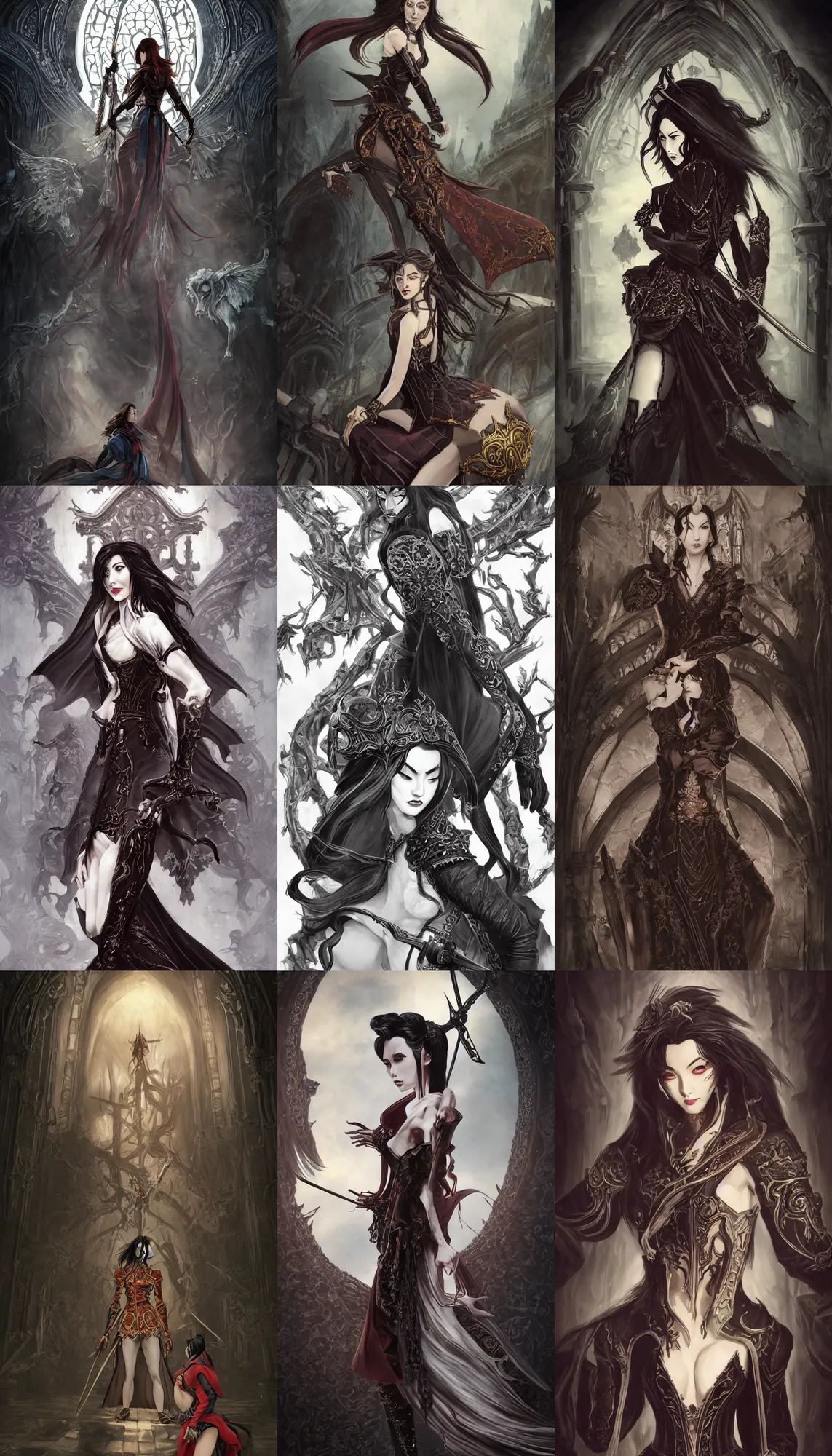 Prompt: paintings of cinematic stills from the castlevania and mulan crossover, gothic victorian architecture, dynamic poses, intricate jewelry, vests, corsets, kneehigh boots, ornate, filigree, cinematic lighting, god rays, by fenghua zhong, by legends of the cryptids, portfolio illustration, highly detailed, artstation, cgsociety.