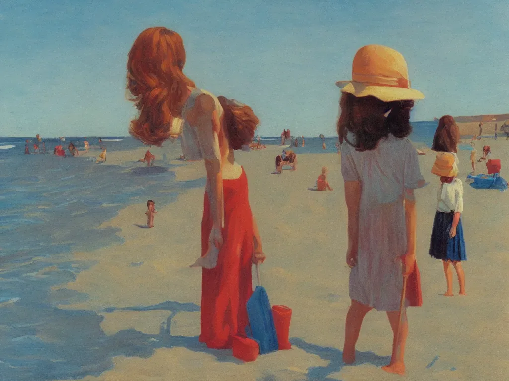 Prompt: one girl at the beach, 7 0 s, stanley kubrick the shinning, american gothic, vibrant colors americana, cinematic, volumetric lighting, ultra wide angle view, realistic, detailed painting in the style of edward hopper and rene magritte