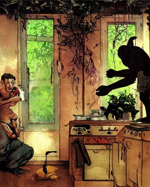 Prompt: dark fleshy figure cooking on stove top while another dark figure laughs alone inside a kitchen overgrown with plants in the style of Norman Rockwell and Greg Rutkowski and Francis Bacon