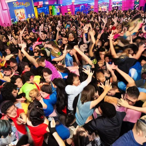 Prompt: a giant mosh - pit breaks out at a toys r us