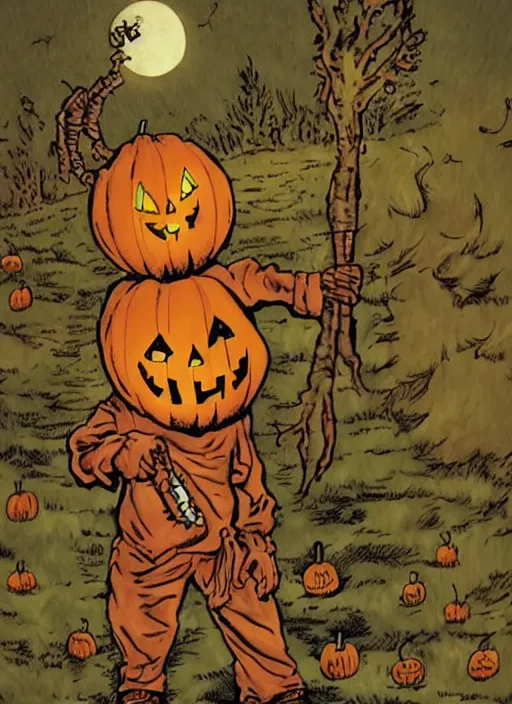 Prompt: sam from trick r treat, stands in front of pumpkin filled lawn at night, halloween comic book, comic book art in the style of frank miller