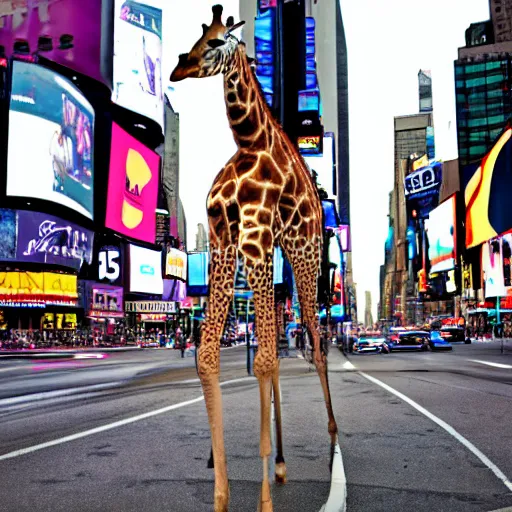 Image similar to a still of a giraffe stand in the intersection at times square. motion blur