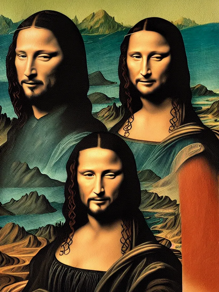 Image similar to painting of keanu reeves in the style of mona lisa, painting by leonardo da vinci