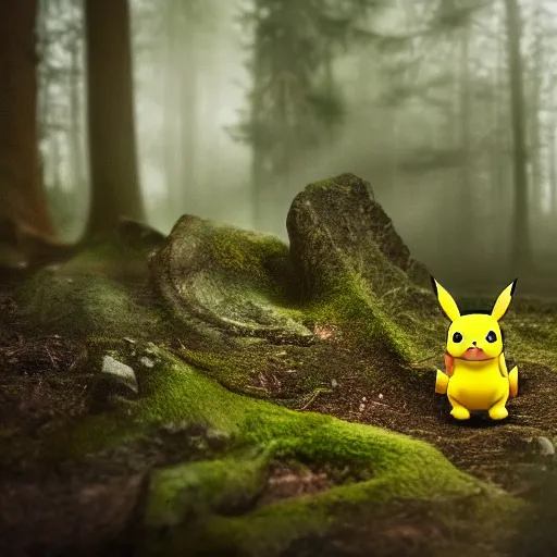 Prompt: very very intricate photorealistic photo of pikachu in a forest, photo is in focus with detailed atmospheric lighting, award - winning details