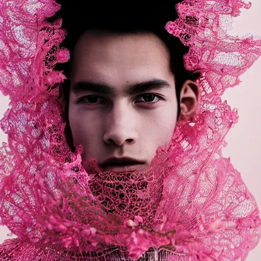 Prompt: a portrait of a beautiful young male wearing an alexander mcqueen armor made of pink lace , photographed by andrew thomas huang, artistic