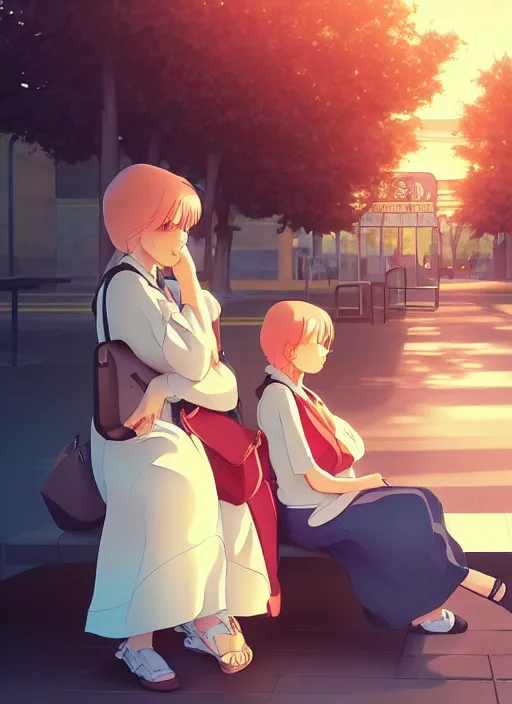 Image similar to two beautiful mothers waiting at a bus stop, gorgeous faces, smooth, thick lines, cinematic lighting, detailed anime art