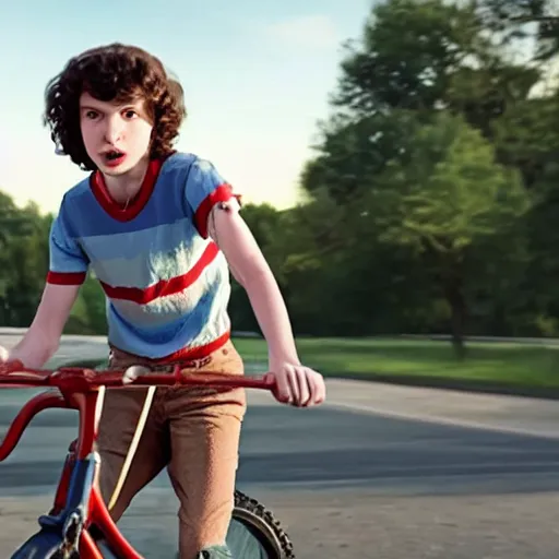 Image similar to Finn WolfHard (Mike Weeler) from Stranger Things riding her bike in the middle of the street, the bike's flashlight illuminating the ground, the clear sky, realistic, extremely high details, photorealistic, 2022s, soft lighting, 4k, human photo