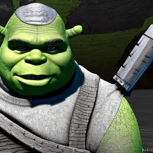 Prompt: Shrek in the style of Darth Vader from Star Wars, realism, against the background of the battlefield, depth of field, focus on Shrek,