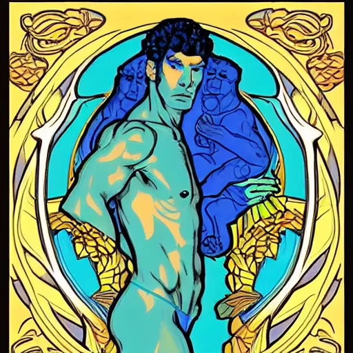 Image similar to god of nature, blue panther, in a style of mucha