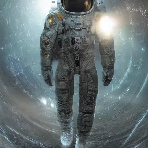 Image similar to concept art by craig mullins astronaut in futuristic dark and empty spaceship underwater. infrared complex and hyperdetailed technical suit. mandelbulb fractal. reflection and dispersion materials. rays and dispersion of light. volumetric light. 5 0 mm, f / 3 2. bokeh. noise film photo. flash photography. unreal engine 4, octane render. interstellar movie art