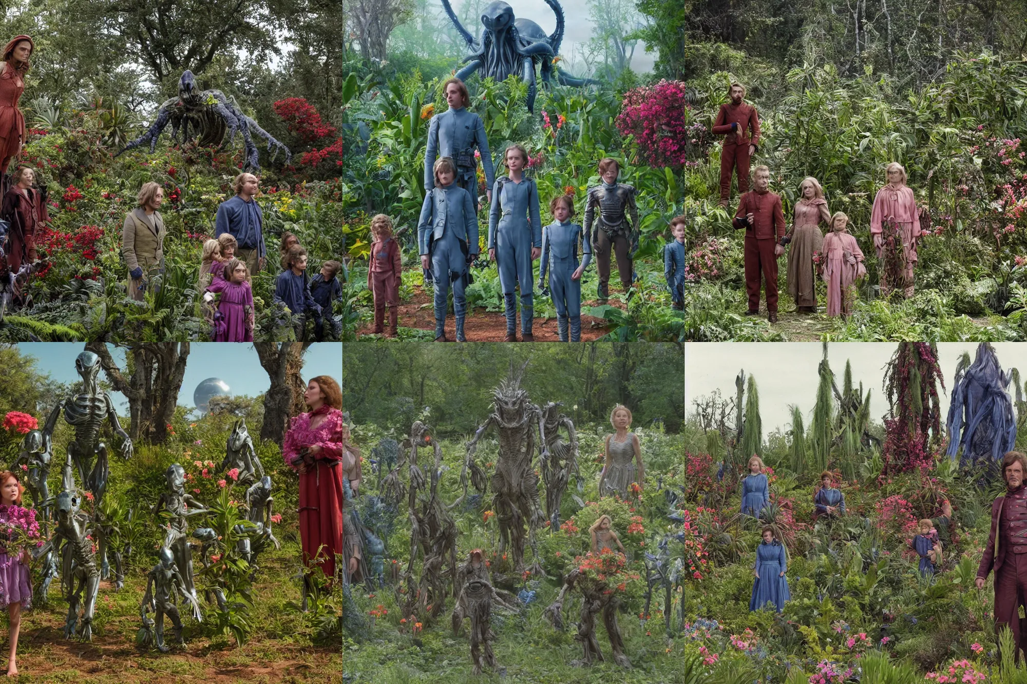 Prompt: sharp, highly detailed, 435456k film, 1612800mm film still from a sci fi blockbuster color movie made in 2019, set in 1860, of a family standing in a park, next to some strange alien plants and flowers, on an alien planet, the family are all wearing 1860s era clothes, good lighting, good photography, ultra high definition, in focus, 35mm macro