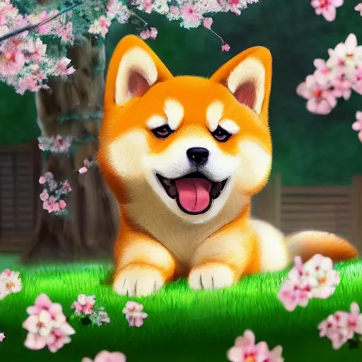 Image similar to a cute fluffy shiba inu plays under the cherry blossom tree, highly detailed, digital painting, artstation, concept art, movie still, smooth, sharp focus uhd 8 k