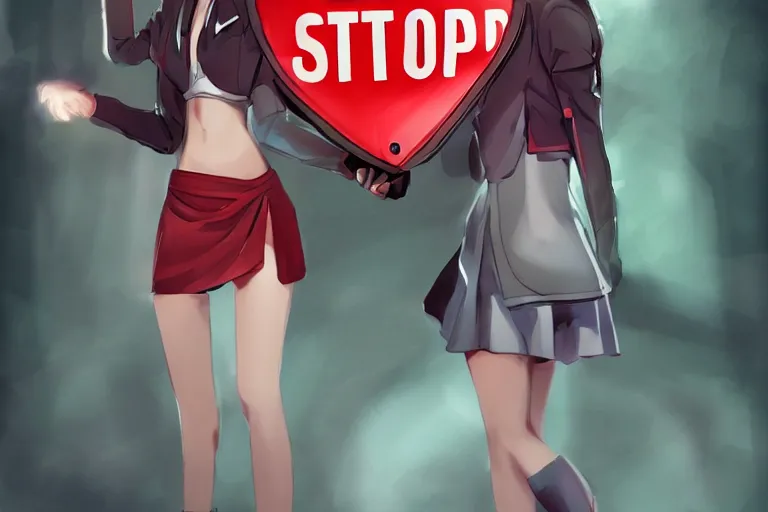 Image similar to concept art, pretty woman holding stop sign, digital anime art, good lighting,