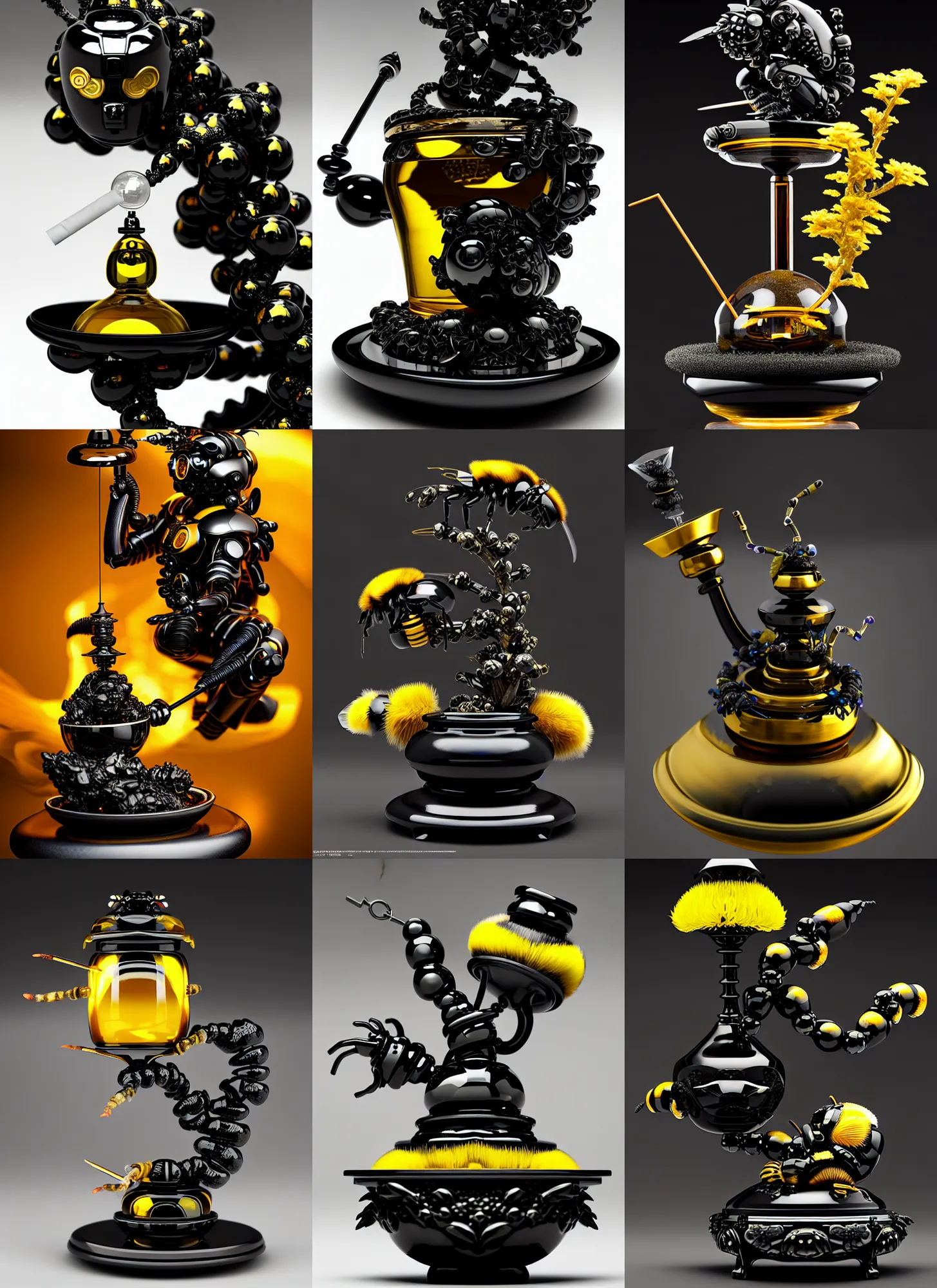 Prompt: obsidian japanese temple bumblebee edm cyborg smoking elaborate bonsai bong | exotic jewelry | glamorous oily soft polished rich enticing ornate modern | weta disney pixar movie still photo | hi - fructose, sci fi fantasy, golden ratio details, smooth, octane render, sharp focus, artstation, concept art | beeple, feng zhu, mucha, rutkowski |