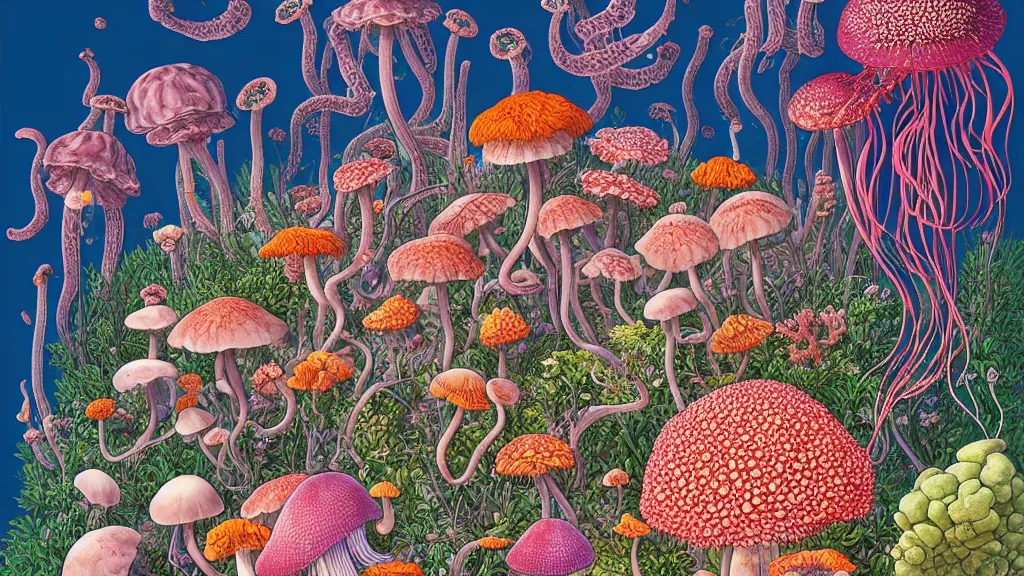 Image similar to highly detailed illustration of all the known species of plants, flowers, corals, mushrooms and jellyfish by juan gatti, by makoto shinkai, by moebius!, by oliver vernon