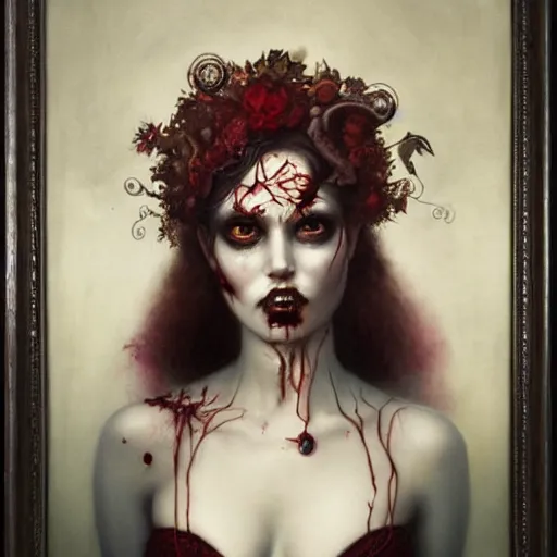 Image similar to by Tom Bagshaw, ultra realist soft painting of a carnival curiosities, beautiful single female zombie in a corset, symmetry accurate features, very intricate details, focus, curvy, award winning, ultra dense fog