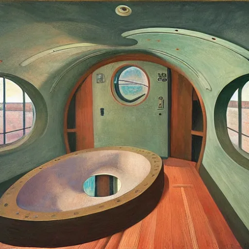 Image similar to giant bathysphere interior, portholes, comedic, dystopian, grant wood, pj crook, edward hopper, oil on canvas