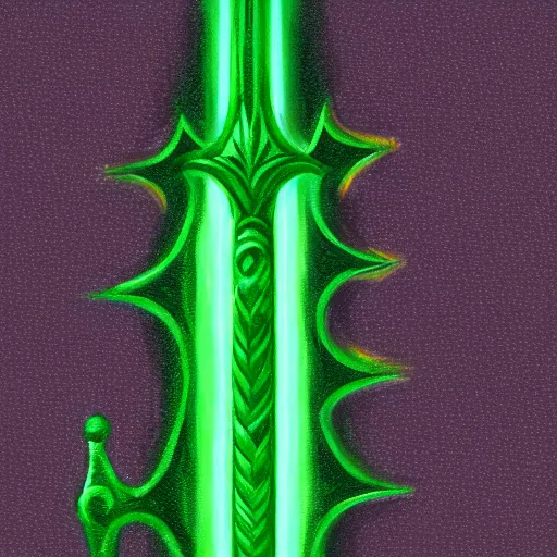 Image similar to Oil painting concept art of a magical acid sword glowing bright green, very intricate hilt, green color scheme, highly detailed concept art.