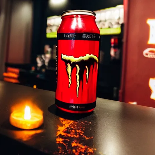 Image similar to New drink from monster energy, red long jar, black symbol, golden elements