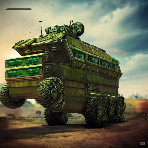 Prompt: Very very very very highly detailed sci-fi Watermelon military vehicle with epic weapons, on a battlefield in russian city. Less Watermelon a lot more military vehicle, Photorealistic Concept 3D digital art rendered in Highly Octane Render, epic dimensional light