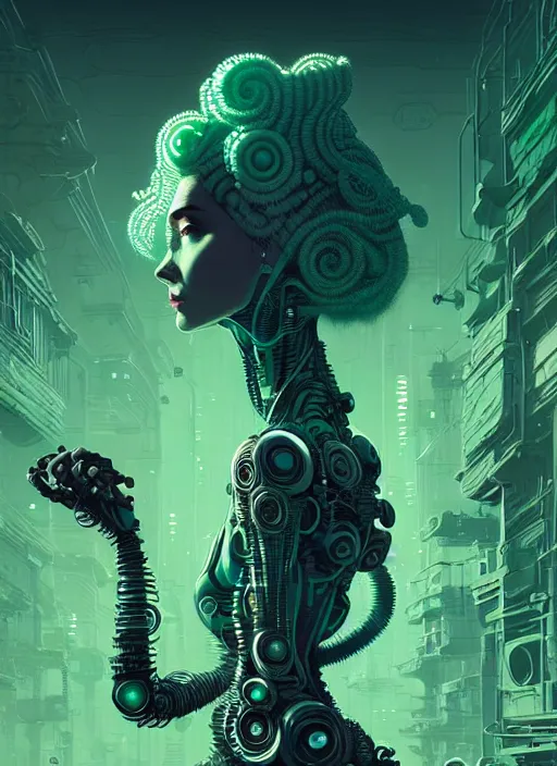 Image similar to highly detailed portrait of a biopunk long curly white hair tribal lady, stray wiring by atey ghailan, james gilleard, by joe fenton, by greg rutkowski, by greg tocchini, by kaethe butcher, 4 k resolution, gradient green, black and white color scheme!!! ( ( green caustic robotic dystopian city background ) )