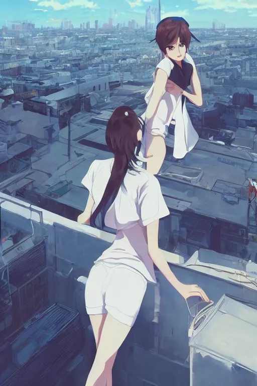 Prompt: A ultradetailed beautiful panting of a stylish woman standing on a rooftop, she is wearing streetwear, by Makoto Shinkai