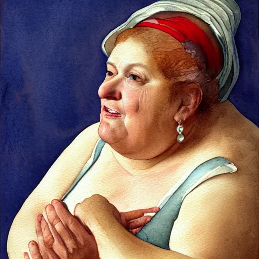 Image similar to of a very funny renaissance style watercolor painting of a sweet fat old woman kissing her reflection. symmetrical face, red mouth, blue eyes. a flowered dress. a hyper - realistic scene. 3 d, octane processing, deep focus, white scene. a very funny and sweet picture. unreal engine. watercolor. fellini cinematic style. poster quality. freud painting style.