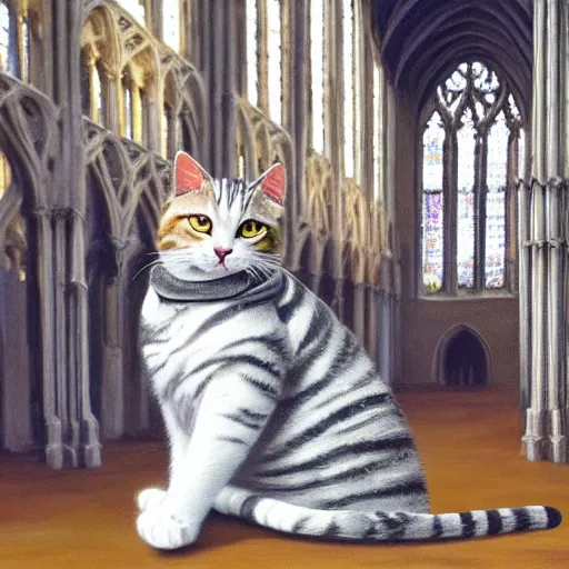 Prompt: oil painting extreme wide shot of a [ white and grey tabby cat ] wearing a [ hufflepuff scarf ], in the gloucester cathedral cloisters