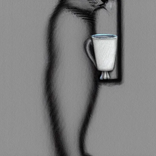 Image similar to cat standing thinking in existence with a cup in the hand, digital art, trending on arstation