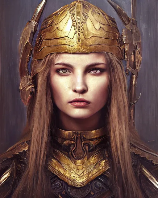 Image similar to beautiful female warrior, half body portrait, long flowing hair, heavy gold armour, realistic oil painting by boris valejo