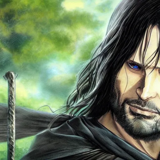 Image similar to aragorn in an anime world, incredibly detailed, ultra realistic