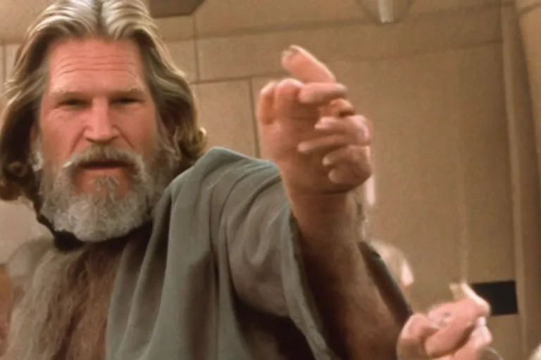 Prompt: Jeff Bridges from The Big Lebowski bowling in the Mos Eisley Cantina from Star Wars