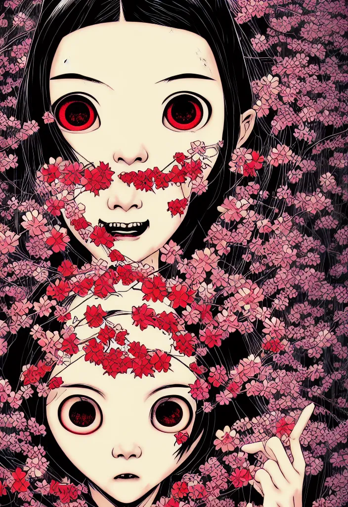 Prompt: a comic book style japanese horror poster of girl with large eyes by dan mumford, yusuke murata, junji ito and artgerm, blood lines, yokai, shinigami, cherry blossom, eyes, shurikens, kanji, 8k, unreal engine, trending on artstation, pixiv, intricate details, volumetric lighting