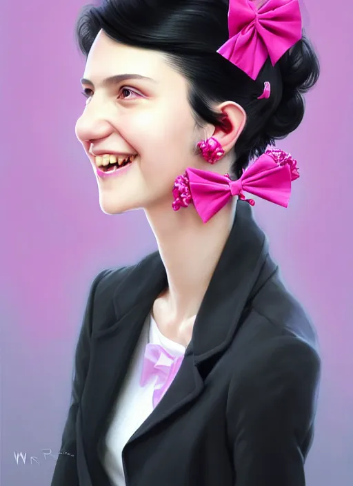 Image similar to portrait of high school girl, realistic, black hair, bangs, half updo hairstyle, pointy nose, skinny, smile, ugly, defined jawline, big chin, pink hair bow, earrings, intricate, elegant, glowing lights, highly detailed, digital painting, artstation, sharp focus, illustration, art by wlop, mars ravelo and greg rutkowski