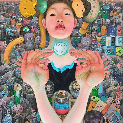 Prompt: A mixed mediart. A rip in spacetime. Did this device in her hand open a portal to another dimension or reality?! by Hikari Shimoda, by Diego Rivera realist