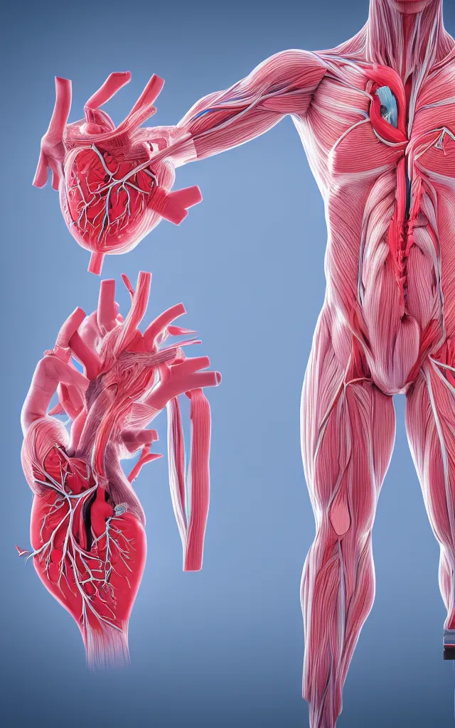 Prompt: intricated scientific medical 3d animation of the muscles and veins of a human with a heart in their hands photography 3d octane render